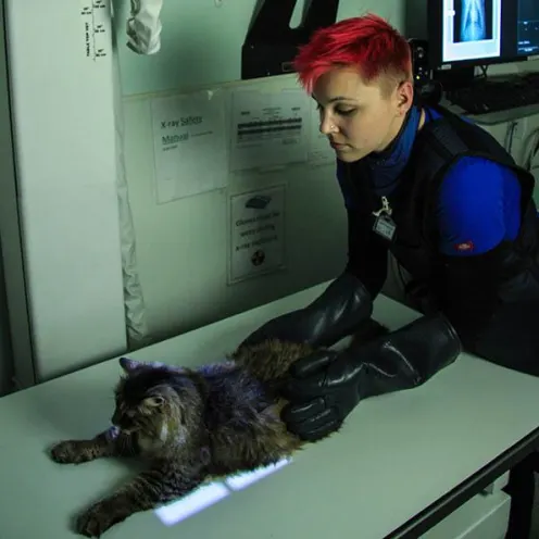 Linda Mar Veterinary Hospital Xray technician examining cat